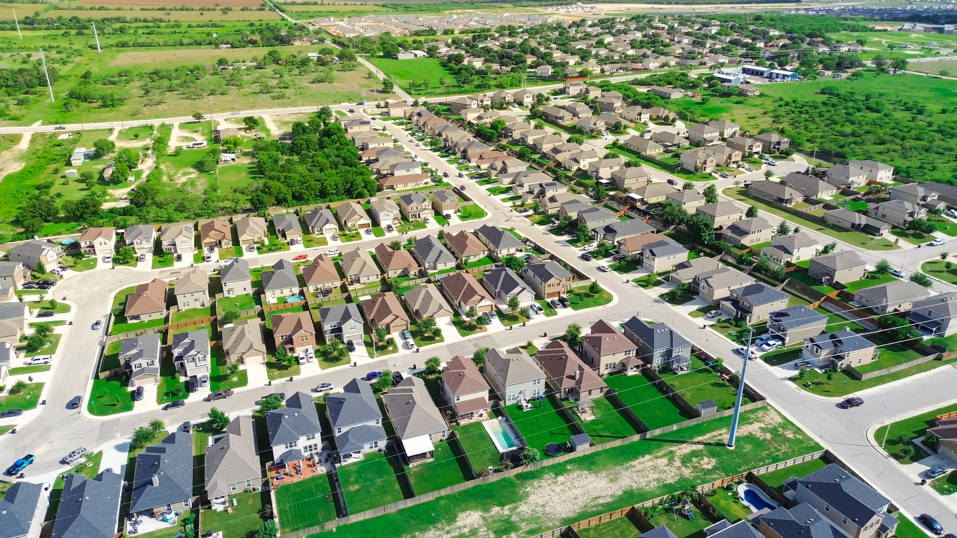 An aerial view of a neighborhood in New Braunfels, Texas.