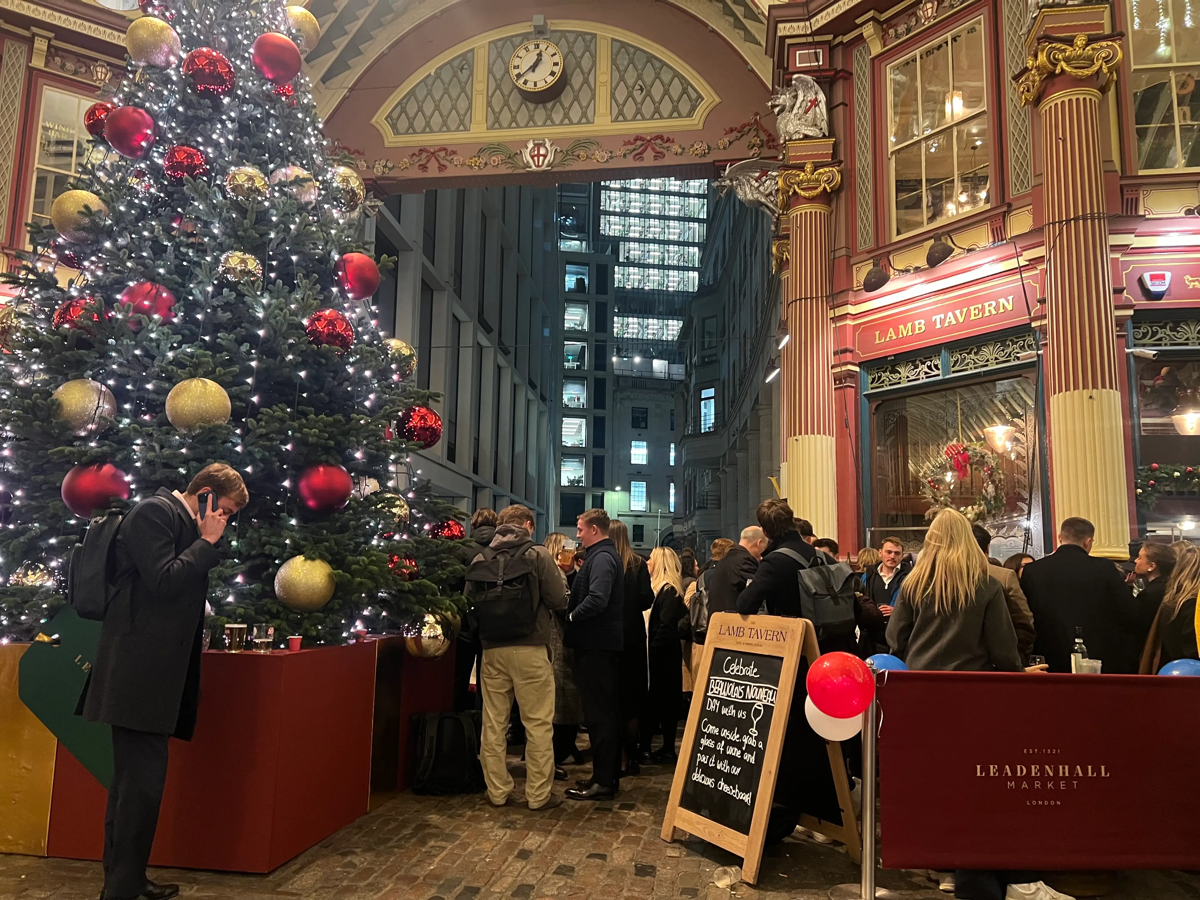 An outside shot of a pub in London's Leadenhall Market.