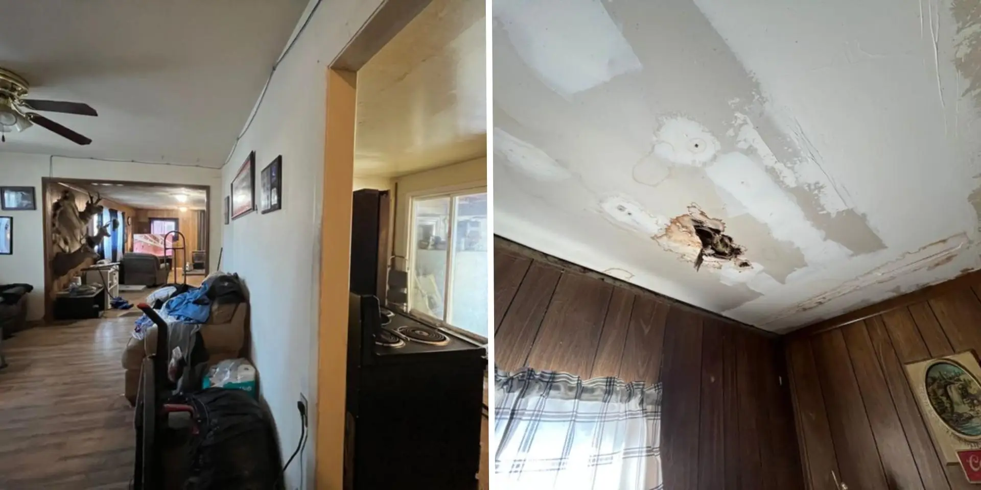 Side by side images of the inside of an old home