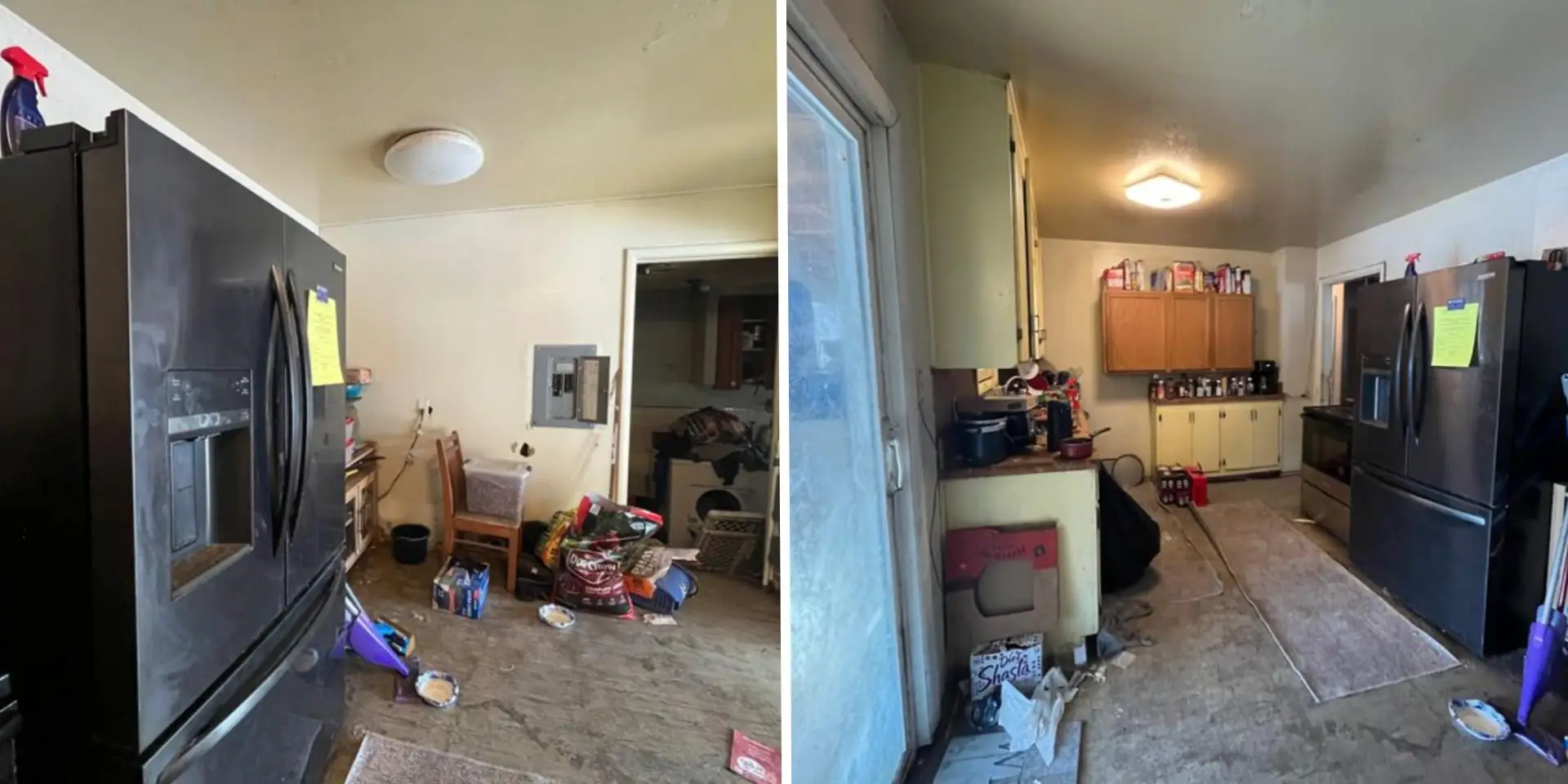 Side-by-side images of a dirty kitchen with appliances and cabinets.