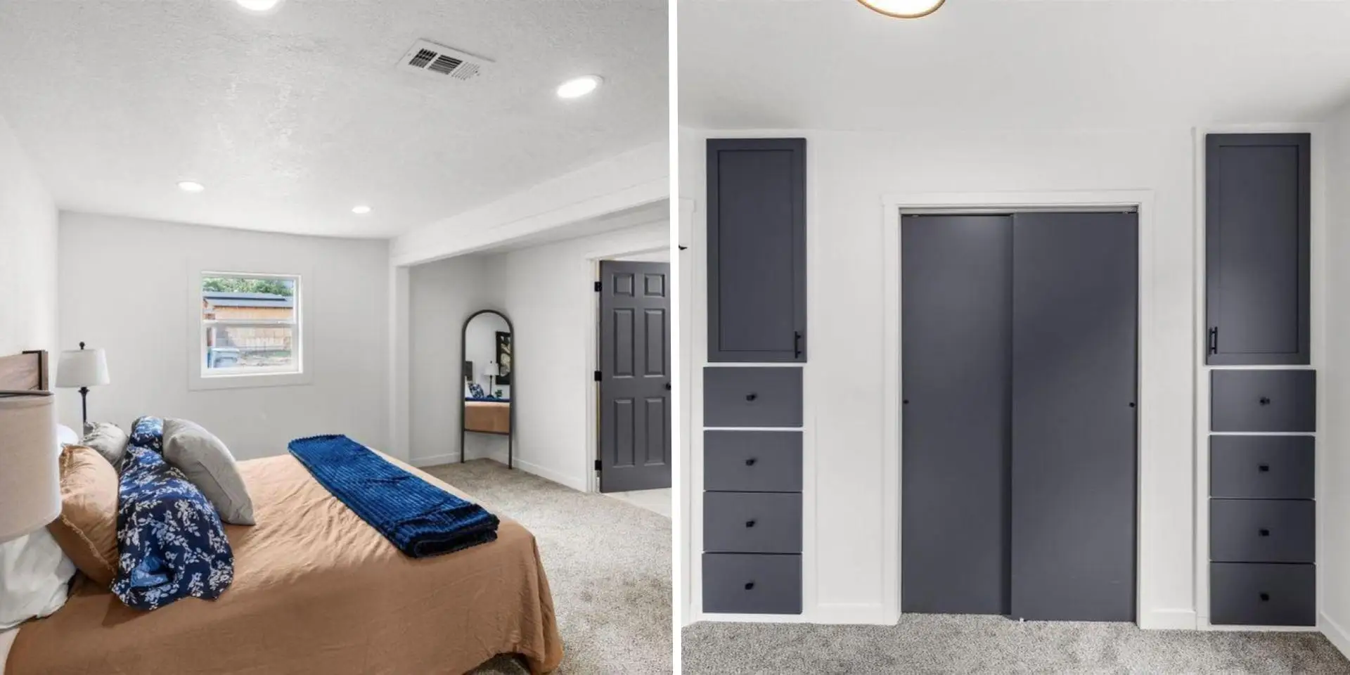 Side-by-side images of bedrooms in a renovated home.