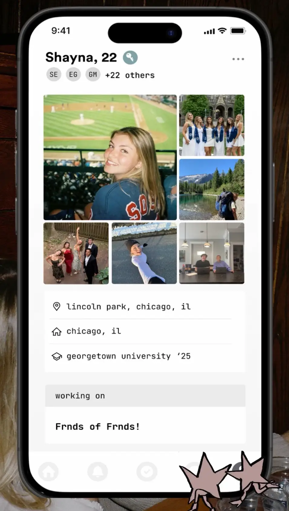 The Frnds of Frnds app interface is pictured.