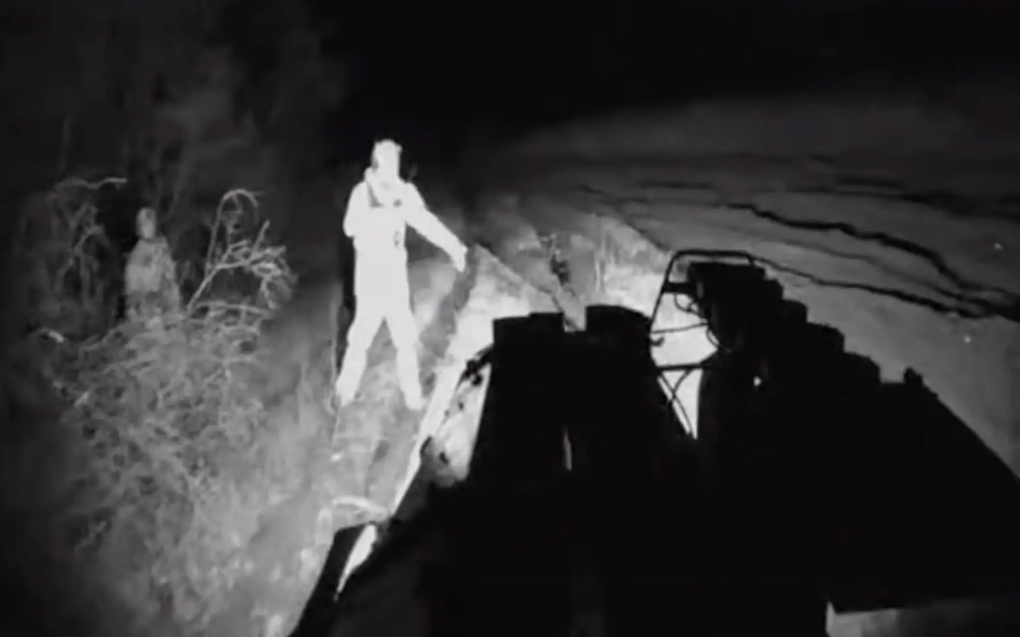 The black silhouette of the front of a long robot on a track surrounded by plant life at night time, with a figure standing beside it to flag it down