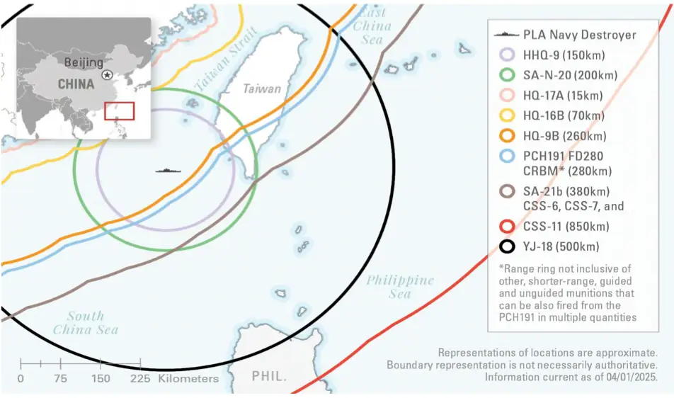 A map showing missile ranges in the Taiwan Strait.
