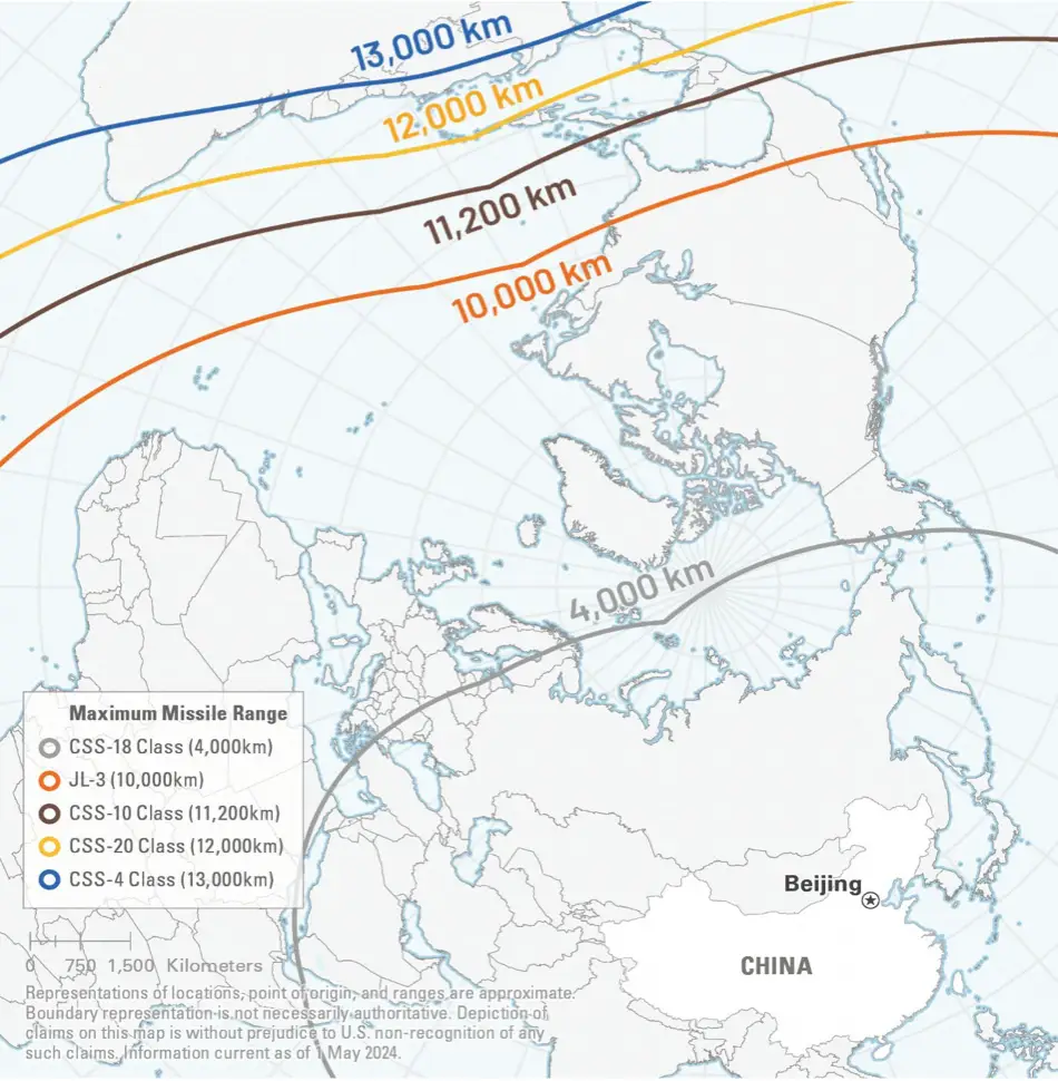 A map showing the estimated ranges of China's missiles from Asia over the North Pole.