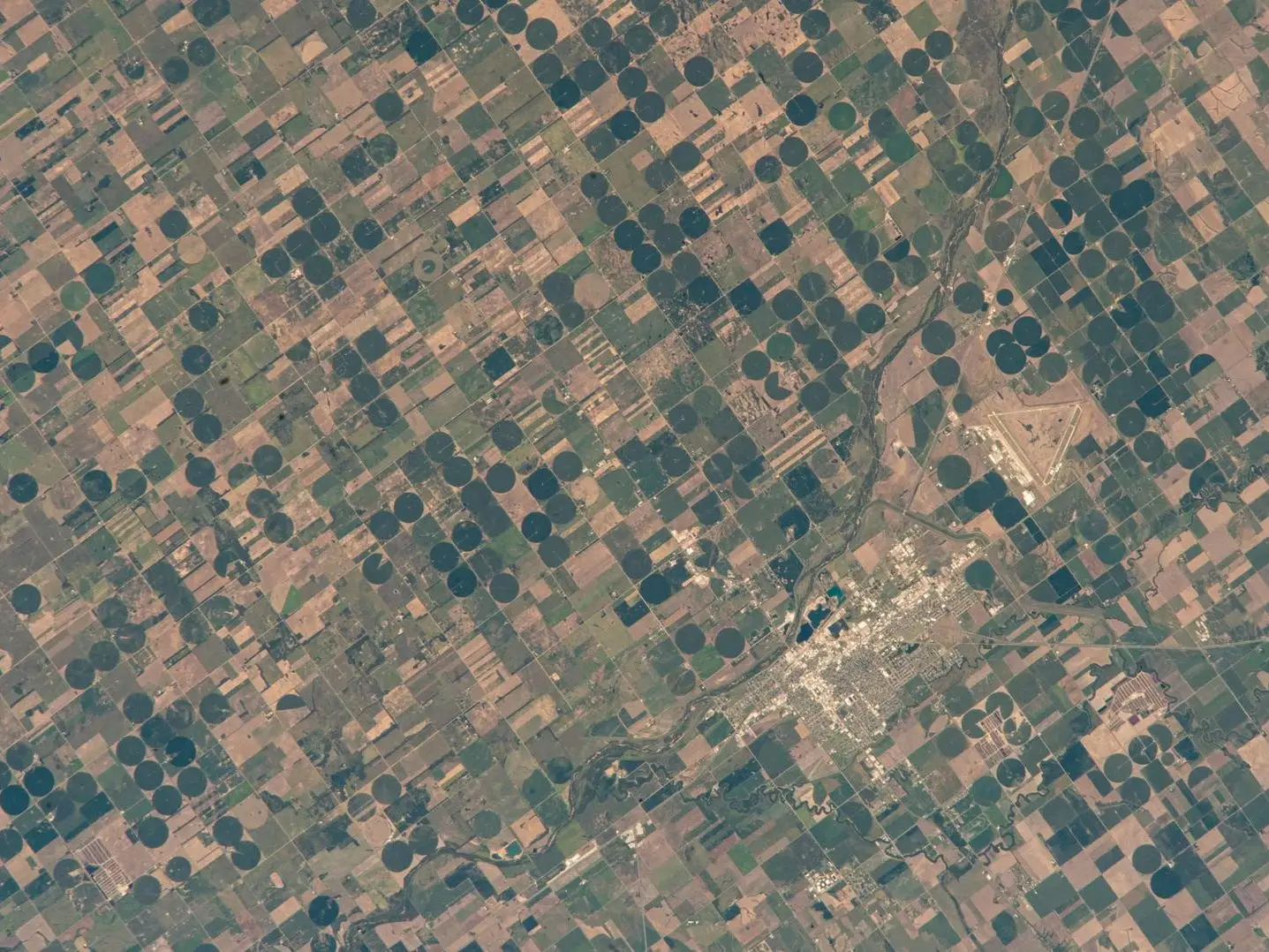 Fields in Great Bend, Kansas, pictured from the International Space Station in August 2025.