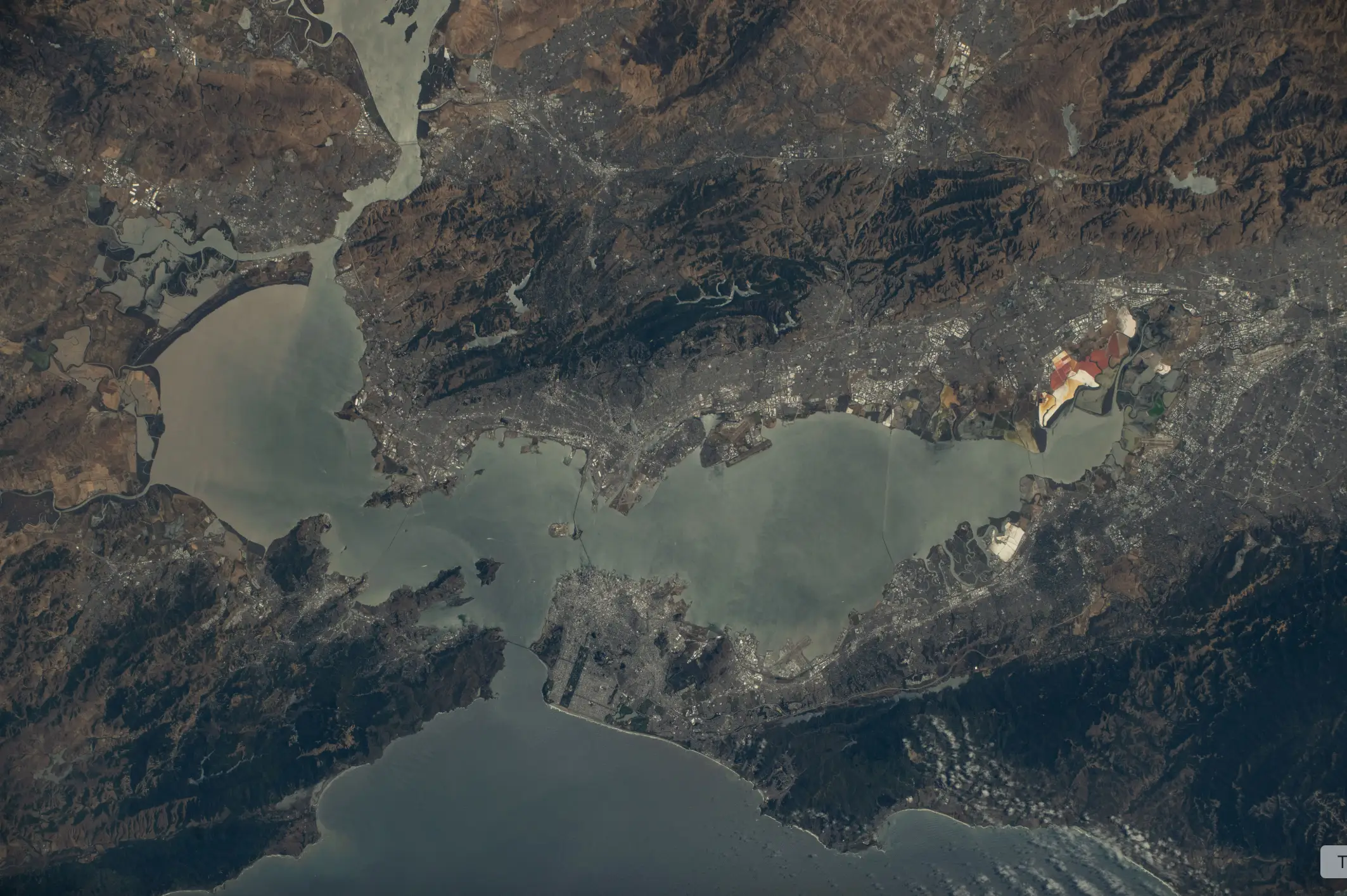 A photo taken from the ISS shows California's San Francisco Bay Area surrounded by San Francisco, Oakland, and San Jose, and their suburbs in August 2025.