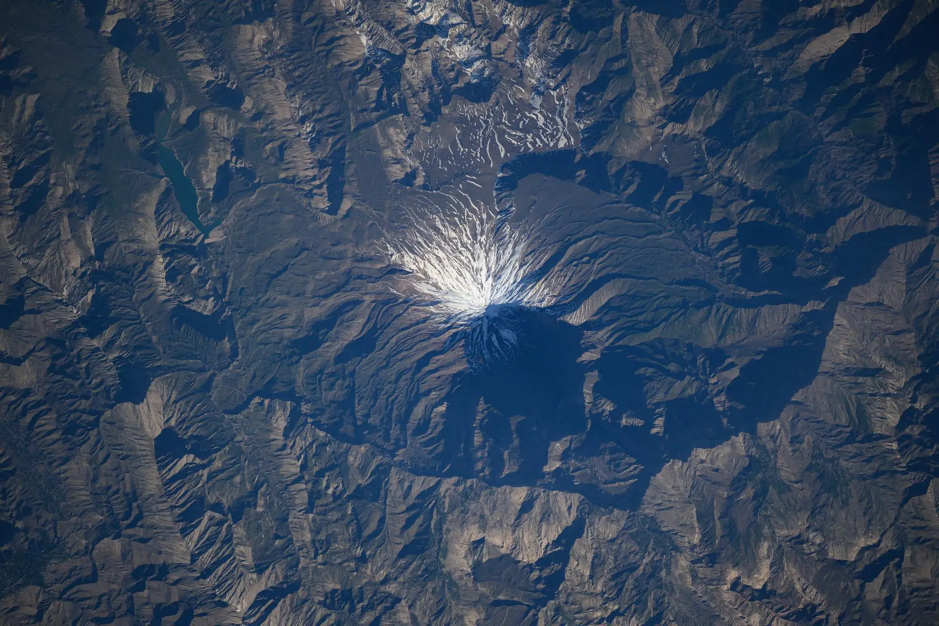 Mount Damavand, a dormant volcano in Iran, is captured by the ISS in May 2025.