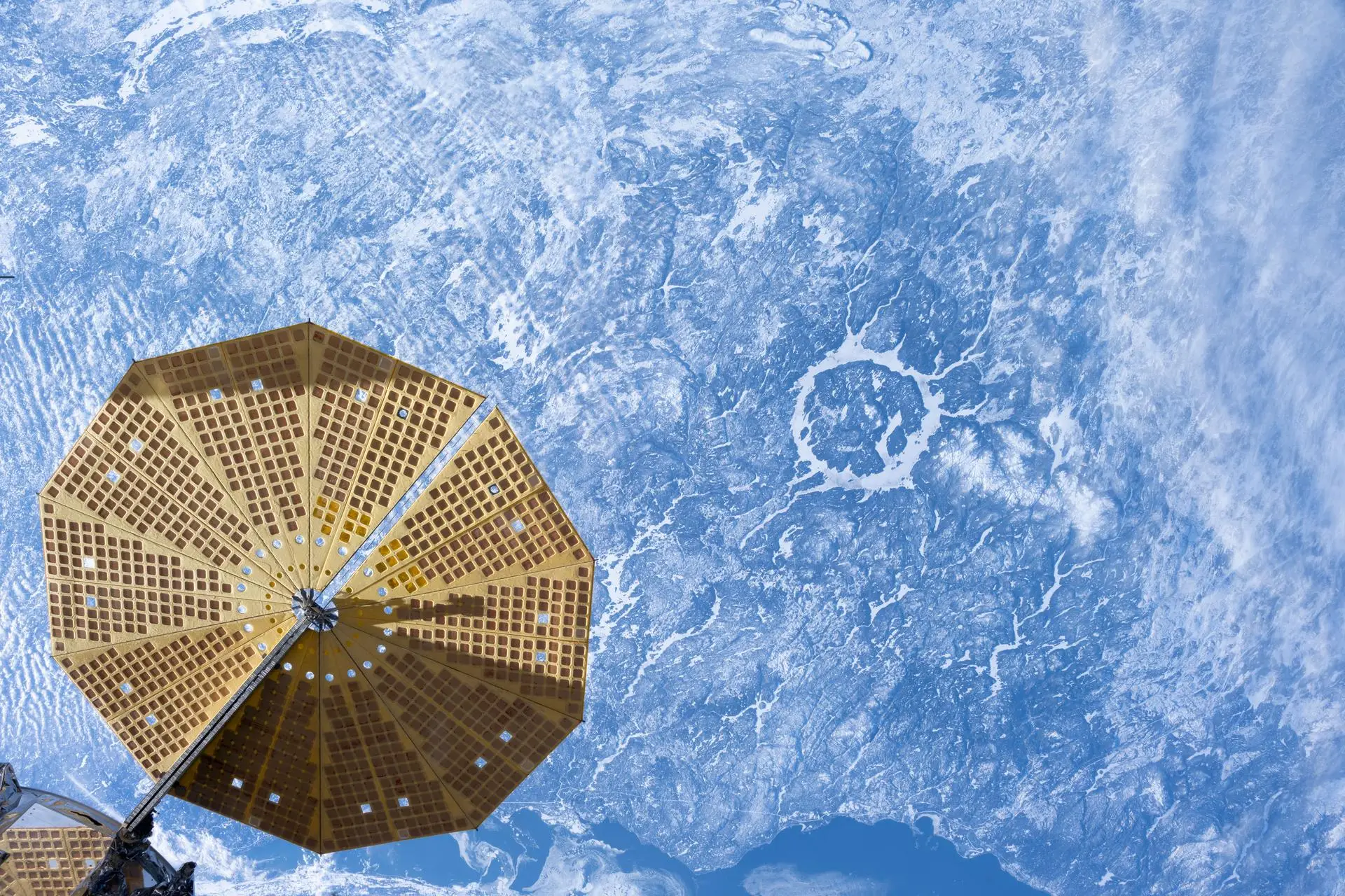 The ISS flies over the Manicouagan crater in Quebec, Canada.