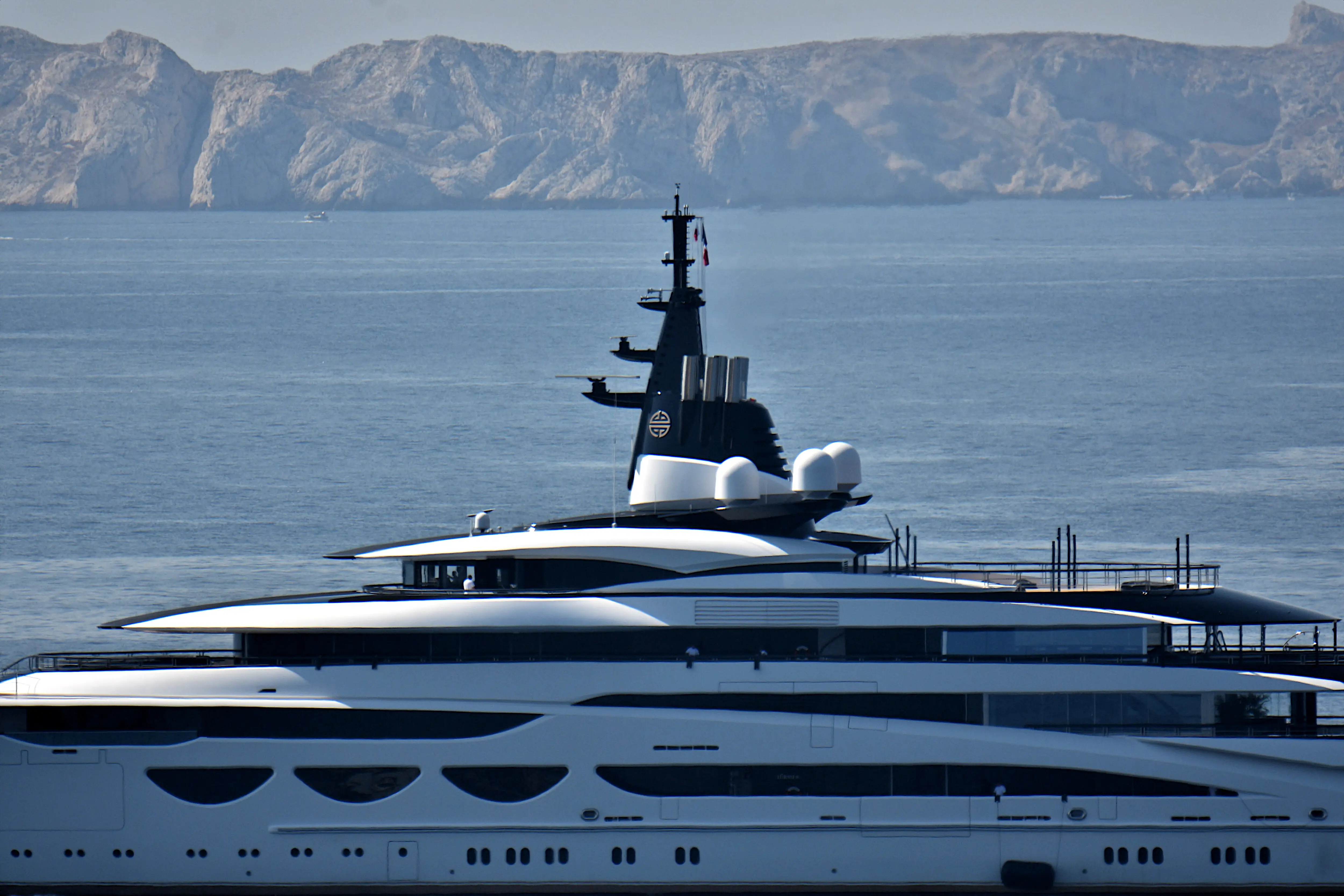 2025/08/18: View as the yacht AHPO arrives at the French Mediterranean port. (Photo by Gerard Bottino/SOPA Images/LightRocket via Getty Images)