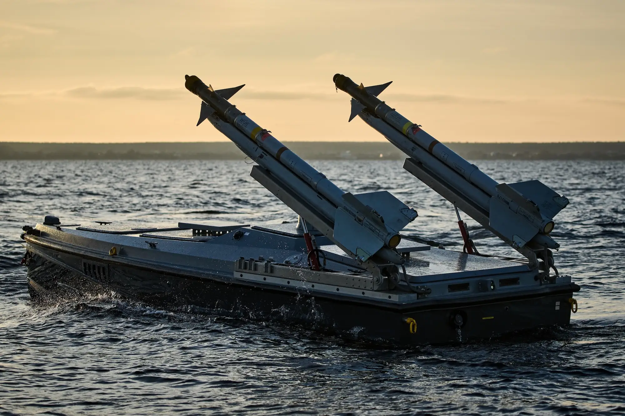 A grey naval drone in water with two missiles on top angled upwards
