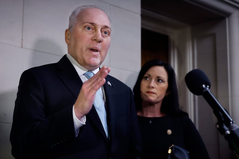 House Majority Leader Steve Scalise (R-LA) stands next to his wife Jennifer Scalise as he talks to reporters after the House Republican conference nominated him to be Speaker of the House following a meeting in the Longworth House Office Building on Capitol Hill on October 11, 2023 in Washington, DC.