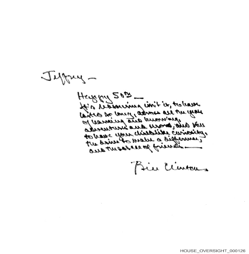 Page 126 of Jeffrey Epstein's Birthday Book showing Bill Clinton's entry.