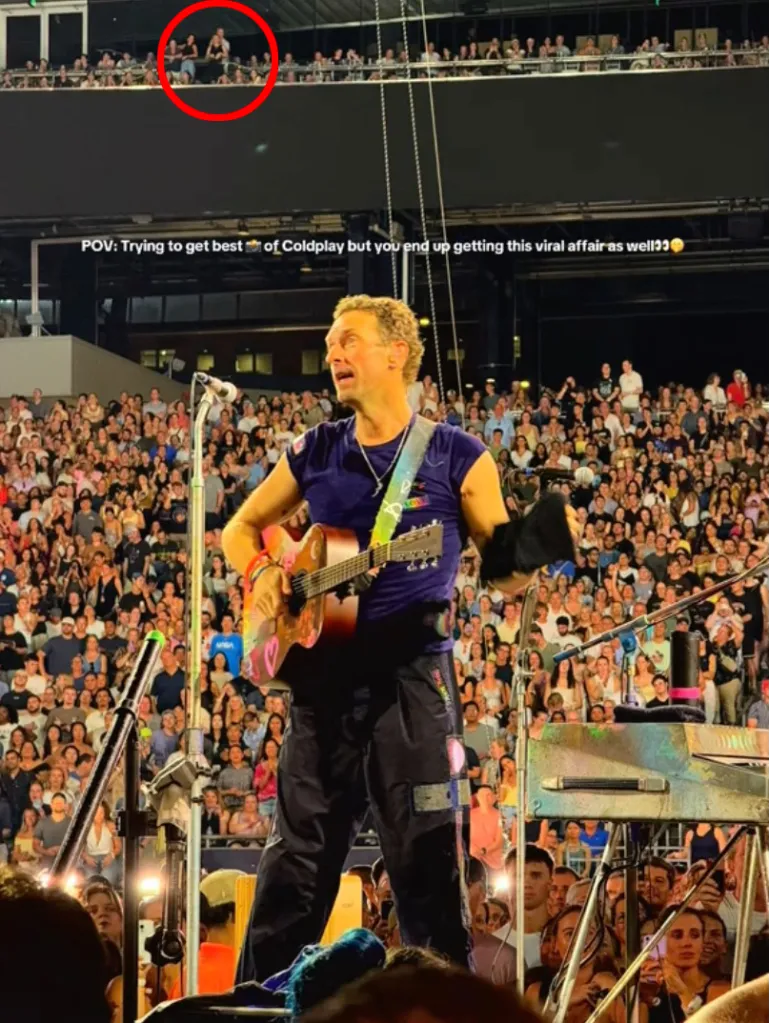 Coldplay's Chris Martin performing on stage with Andy Byron and Kristin Cabot highlighted by a red circle in the audience.