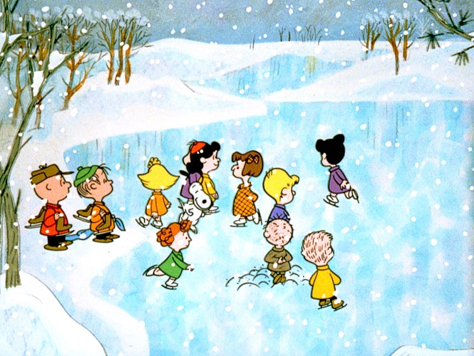 Characters from A Charlie Brown Christmas ice skate on a frozen lake