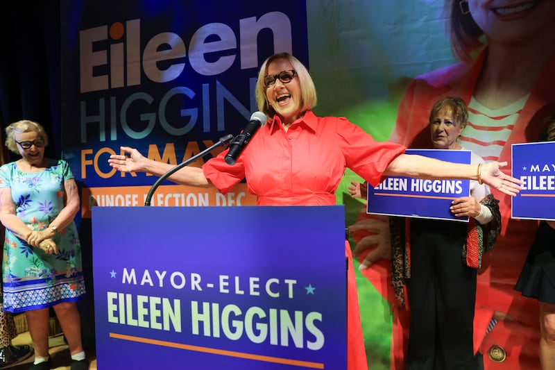 Miami Mayor-elect Eileen Higgins speaks to supporters as she celebrates her victory at her election night party held at the Miami Women's Club on December 09, 2025 in Miami, Florida.