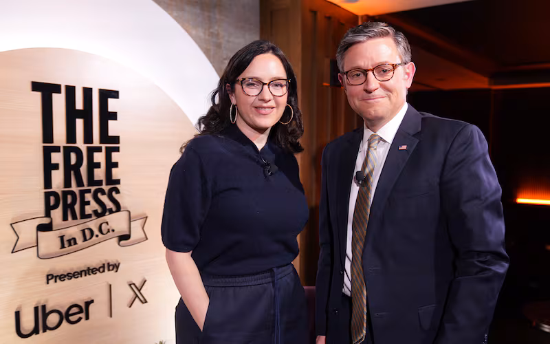 The Free Press' Honestly with Bari Weiss (L) hosts Speaker of the House Mike Johnson (R) presented by Uber and X on January 17, 2025 in Washington, DC.