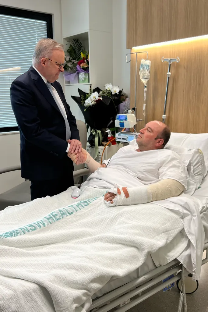 Australian prime Minister Anthony Albanese meets Ahmed al Ahmed at St George Hospital in Sydney, Tuesday, Dec. 16, 2025.