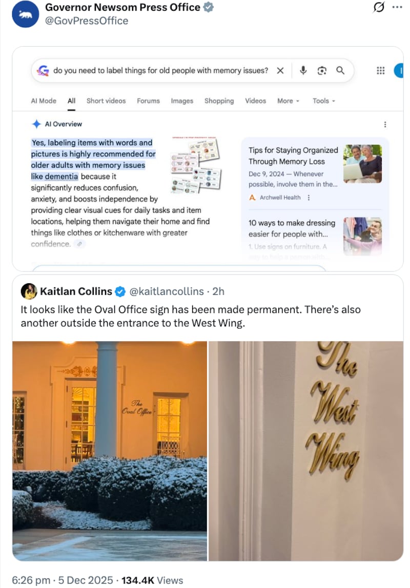 Gov. Gavin Newsom's tweet about Trump's new White House signs