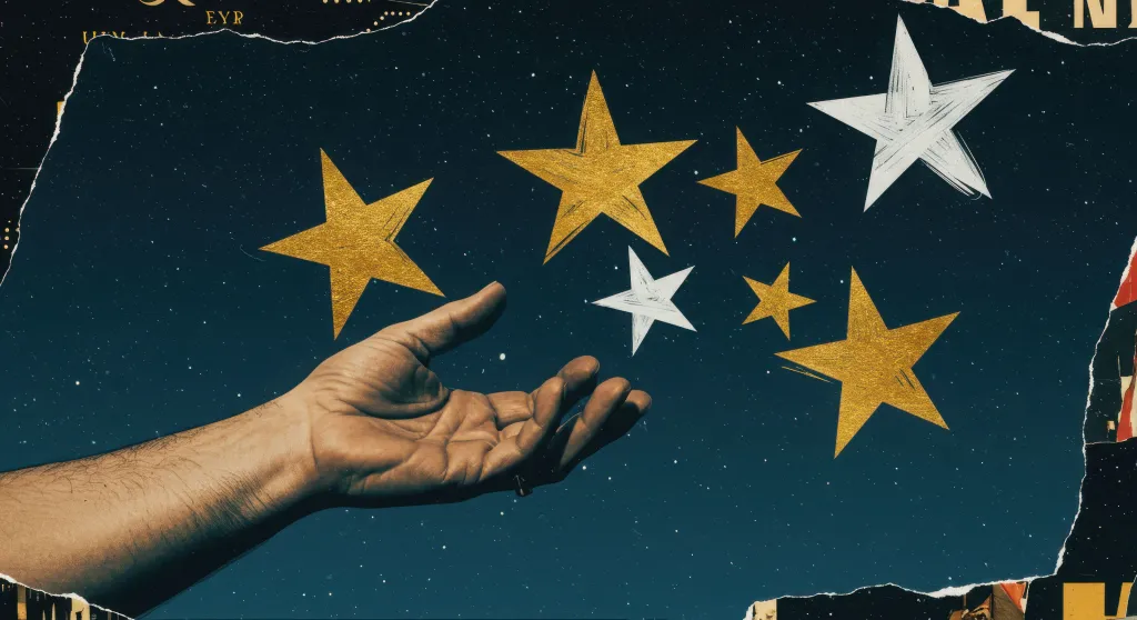Hand reaching for gold and silver stars in night sky collage.