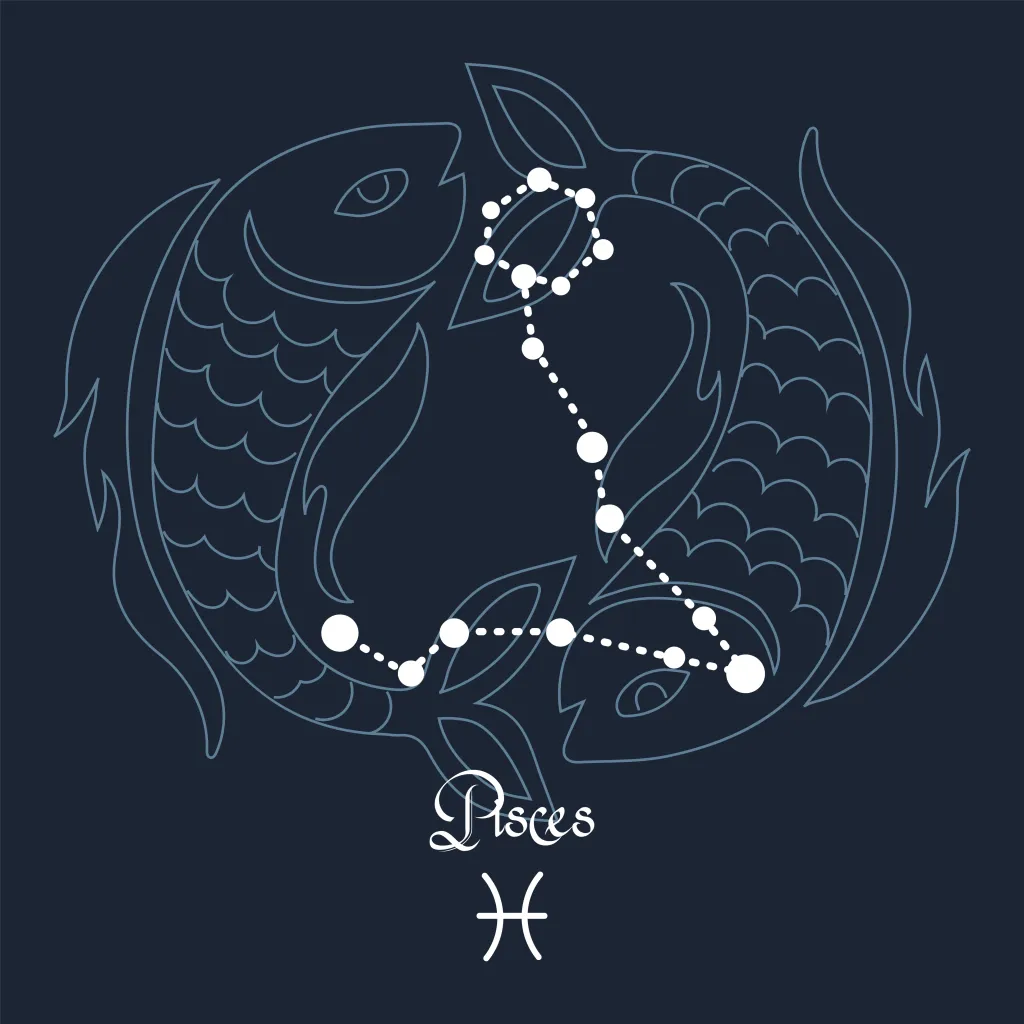 Pisces, constellation and zodiac sign on the background of the cosmic universe. Blue and white design. Illustration