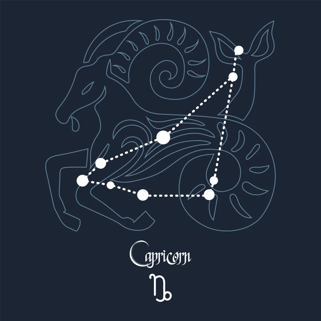 Capricorn, constellation and zodiac sign on the background of the cosmic universe. Blue and white design. Illustration
