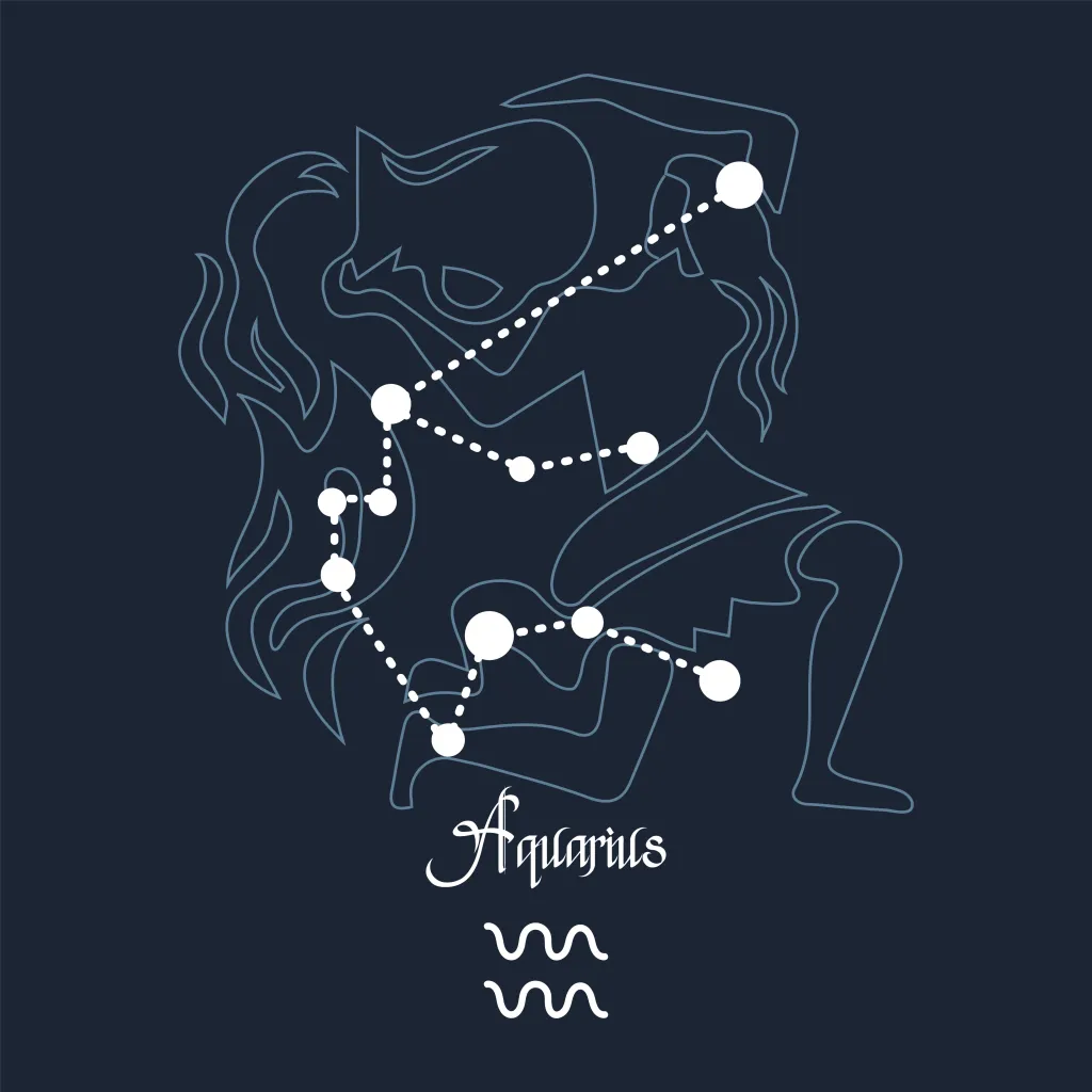 Aquarius, constellation and zodiac sign on the background of the cosmic universe. Blue and white design. Illustration