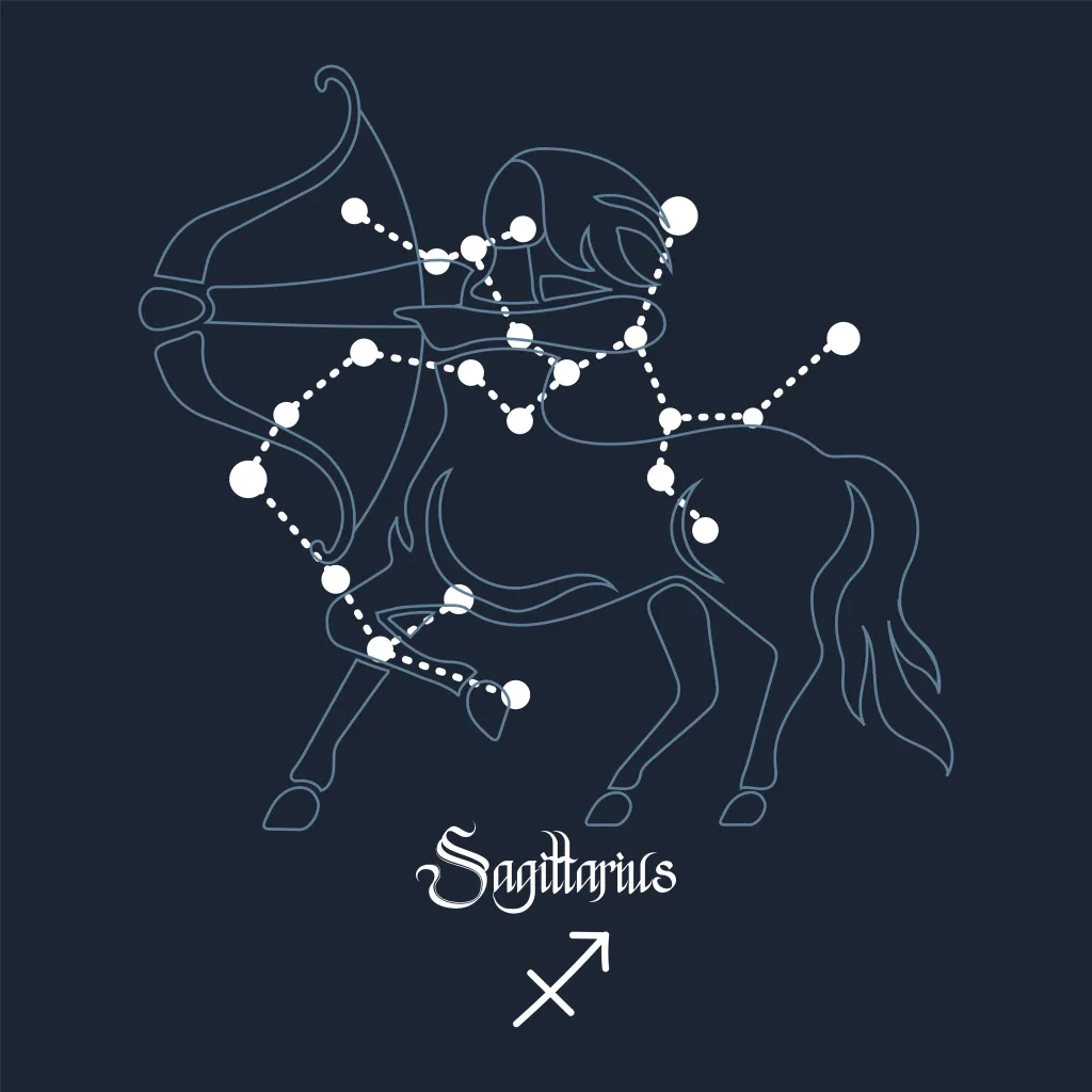 Sagittarius, constellation and zodiac sign on the background of the cosmic universe. Blue and white design. Illustration