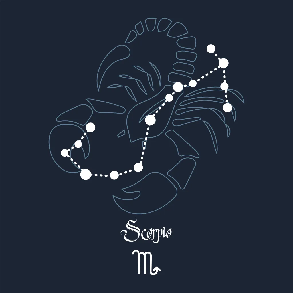 Scorpio, constellation and zodiac sign on the background of the cosmic universe. Blue and white design. Illustration