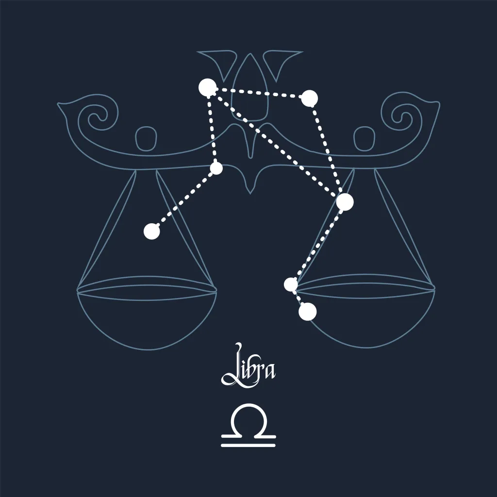 Libra, constellation and zodiac sign on the background of the cosmic universe. Blue and white design. Illustration