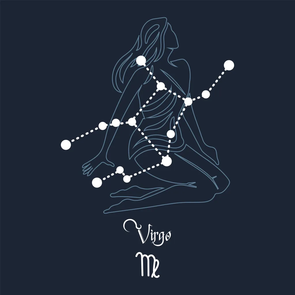 Virgo, constellation and zodiac sign on the background of the cosmic universe. Blue and white design. Illustration