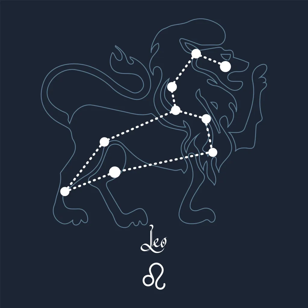 Leo, constellation and zodiac sign on the background of the cosmic universe. Blue and white design. Illustration