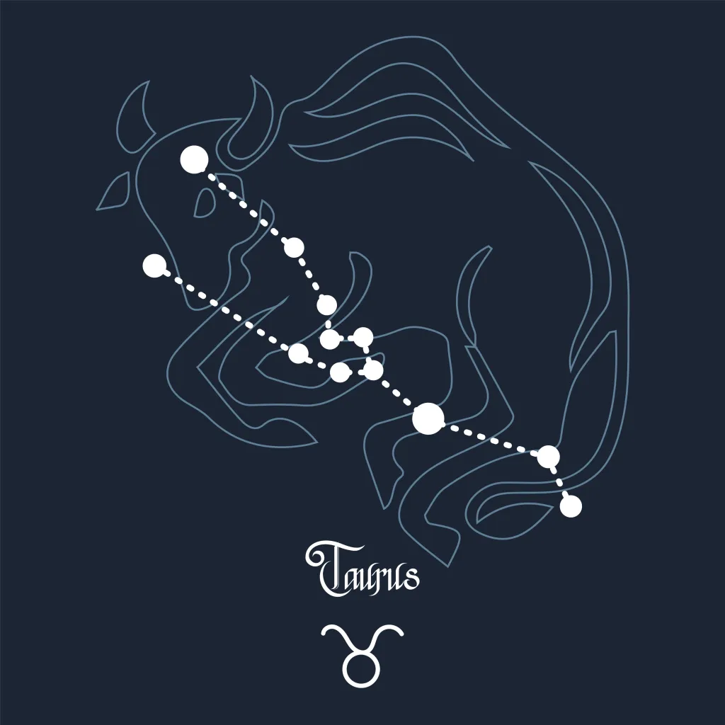 Taurus, constellation and zodiac sign on the background of the cosmic universe. Blue and white design. Illustration