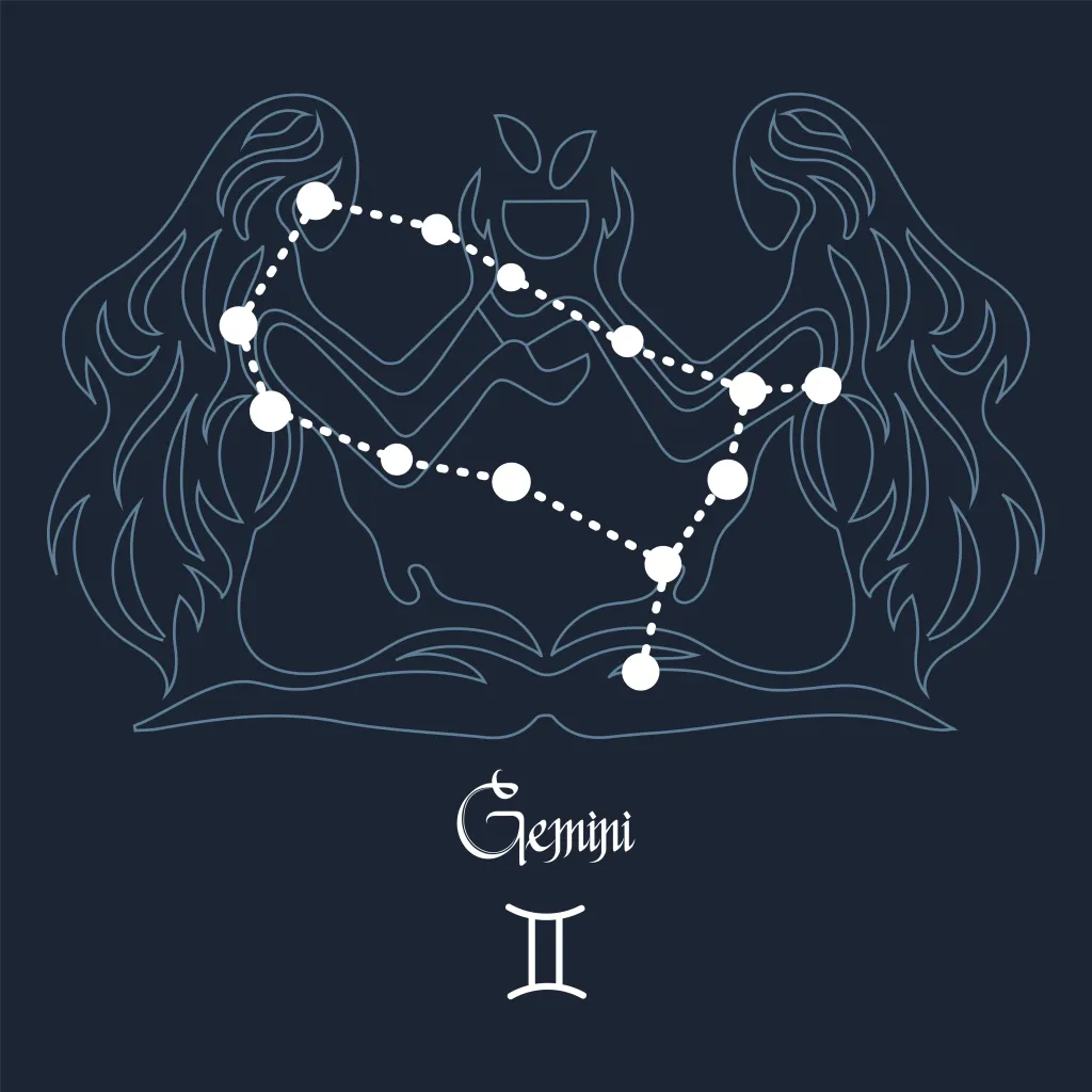 Gemini, constellation and zodiac sign on the background of the cosmic universe. Blue and white design. Illustration