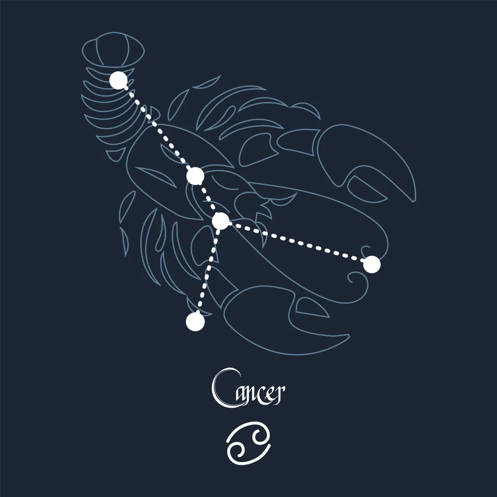 Cancer, constellation and zodiac sign on the background of the cosmic universe. Blue and white design. Illustration