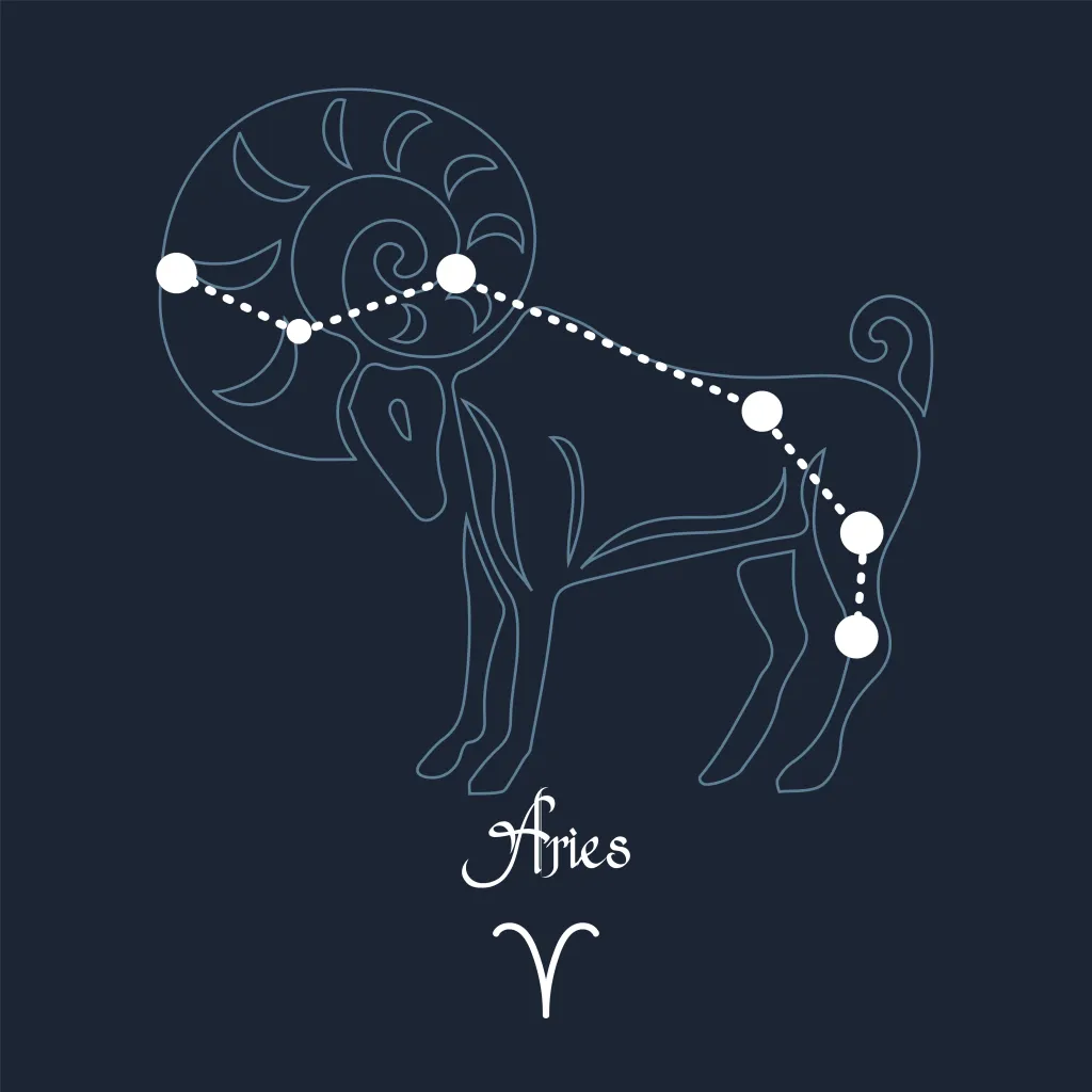 Aries, constellation and zodiac sign on the background of the cosmic universe. Blue and white design. Illustration