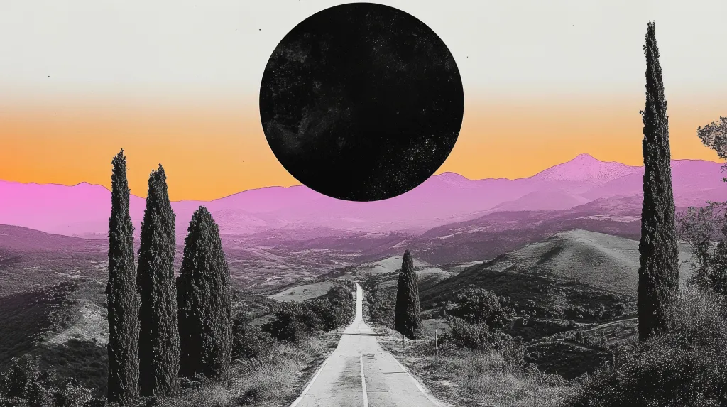 Surreal digital collage featuring a vibrant sunset sky in orange and pink hues, contrasted by a large black celestial body suspended above a monochrome mountain road landscape with stylized trees