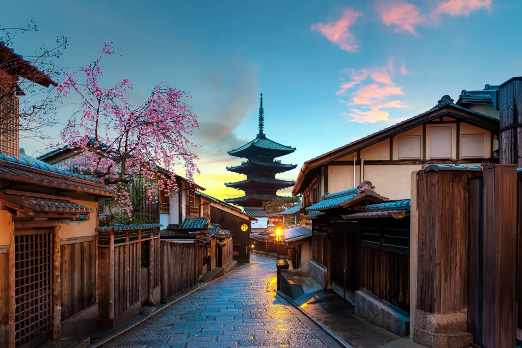 Yasaka Pagoda and Sannen Zaka Street with cherry blossom in the Morning, Kyoto, Japan