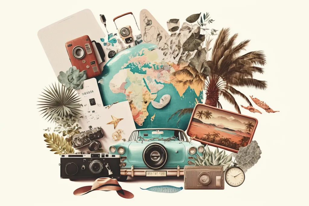 Tourism and travel concept, collage on white background. Generative AI illustration.