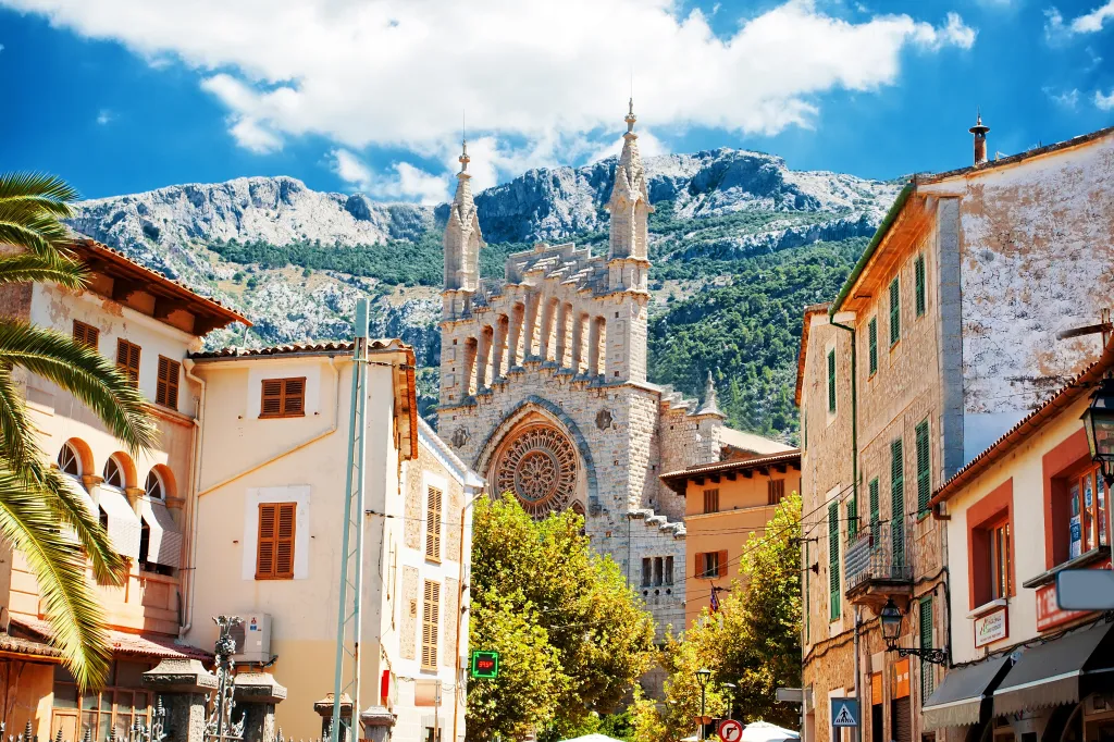 Beautiful view of Soller and Cathedral Sant Bartomeu, Mallorca, Spain