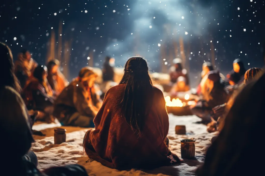 Group participating in a winter solstice ceremony, against a starry night - Ancient traditions, celebrating the longest night - AI Generated