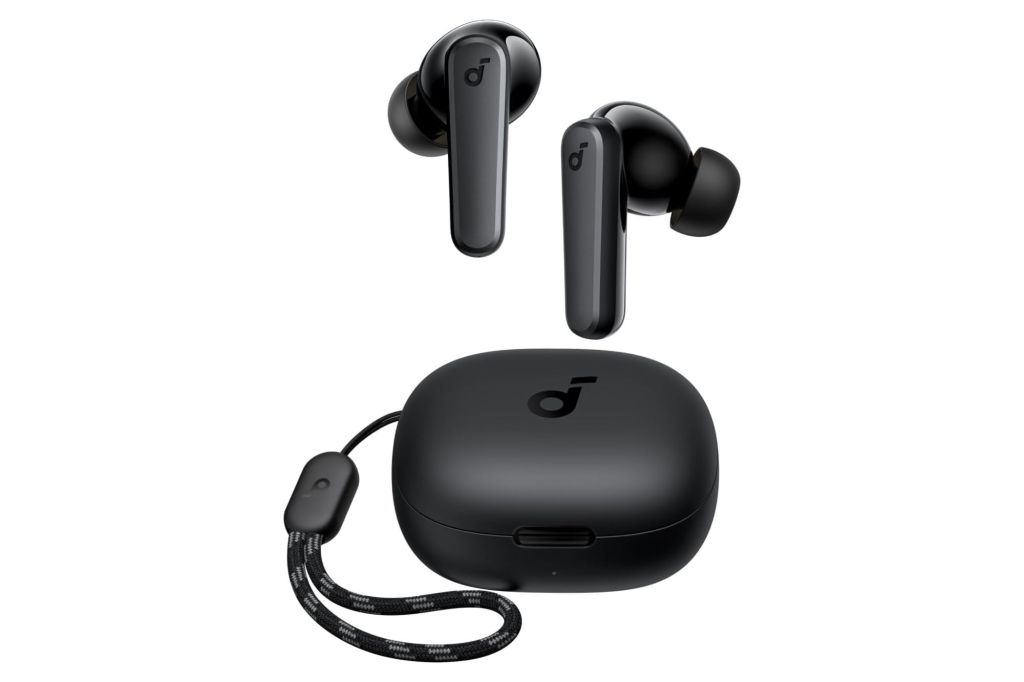 A pair of black earbuds and their charging case.