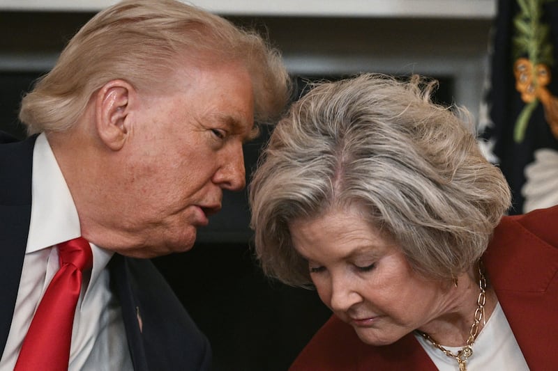 President Donald Trump speaks with White House Chief of Staff Susie Wiles in the State Dining Room of the White House in Washington, DC on June 9, 2025.