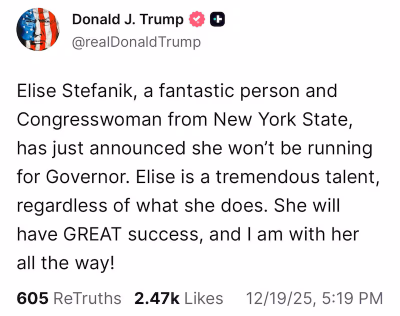Trump Truth Social post on Elise Stefanik