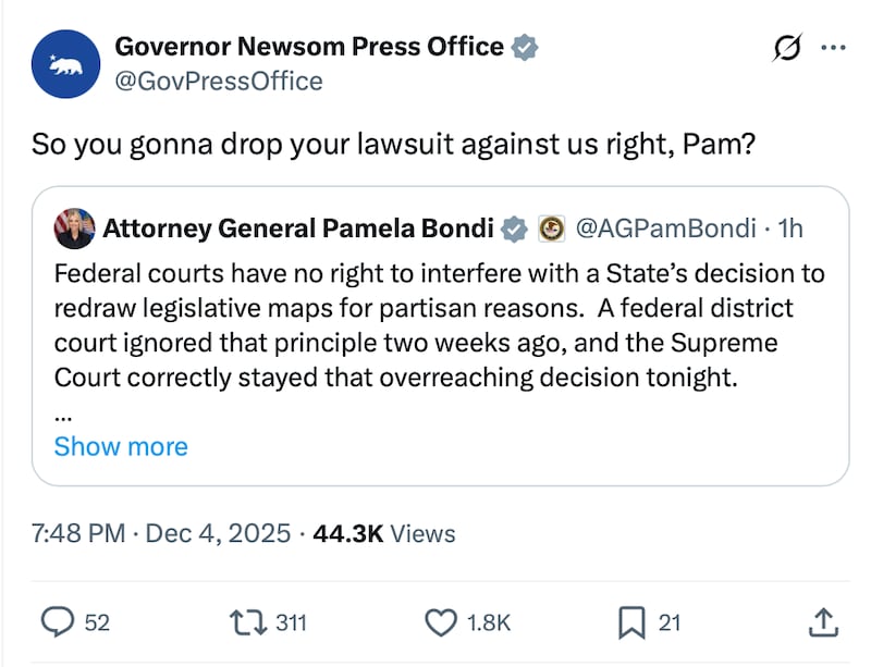 Newsom's team is accusing the Trump administration of being hypocritical in how it has been handling redistricting.