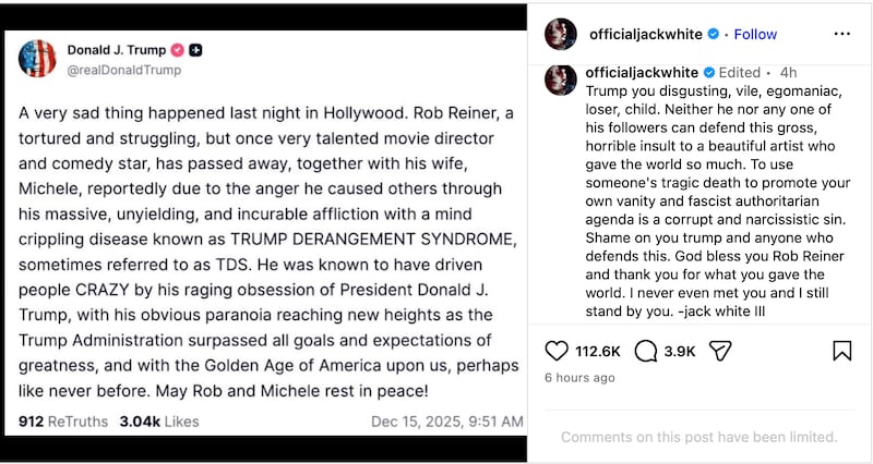 White's reaction to Trump's post about Reiner