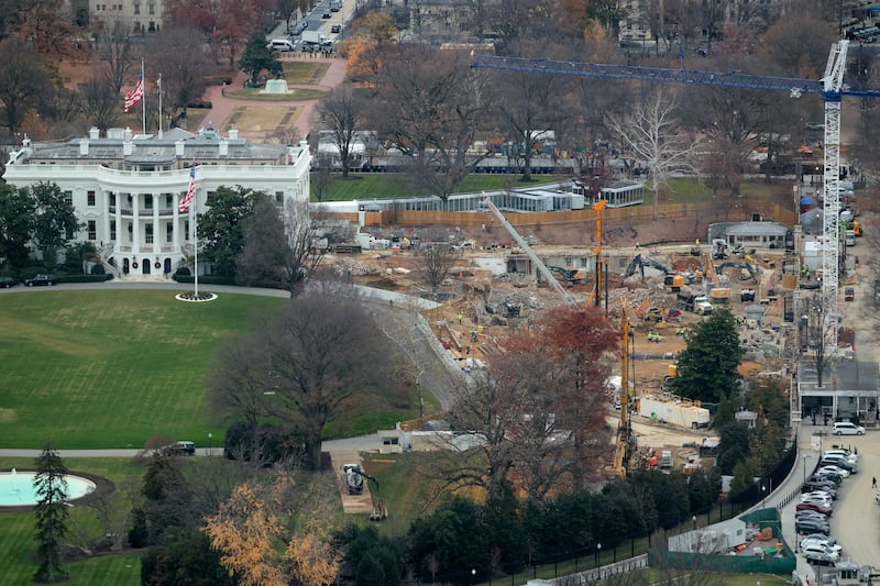 Demolition work continues where the East Wing once stood at the White House on December 08, 2025 in Washington, DC. )
