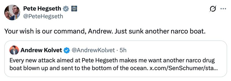 Pete Hegseth posts about a boat strike on X.