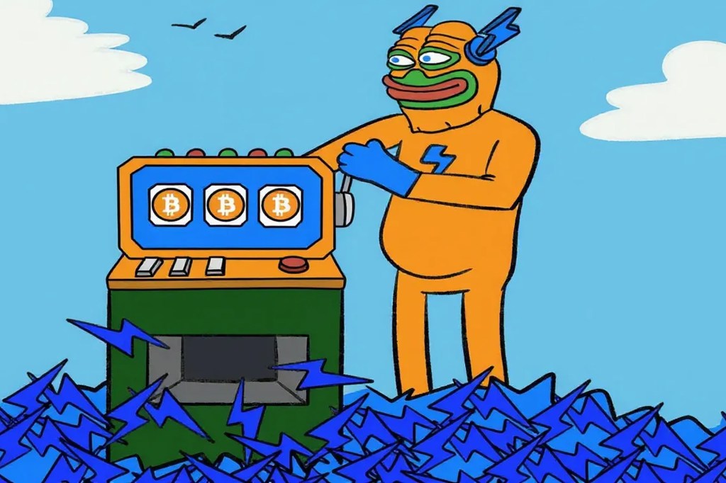 Illustration of Pepe the frog dressed as a superhero pulling the lever of a slot machine with Bitcoin symbols, surrounded by lightning bolts.