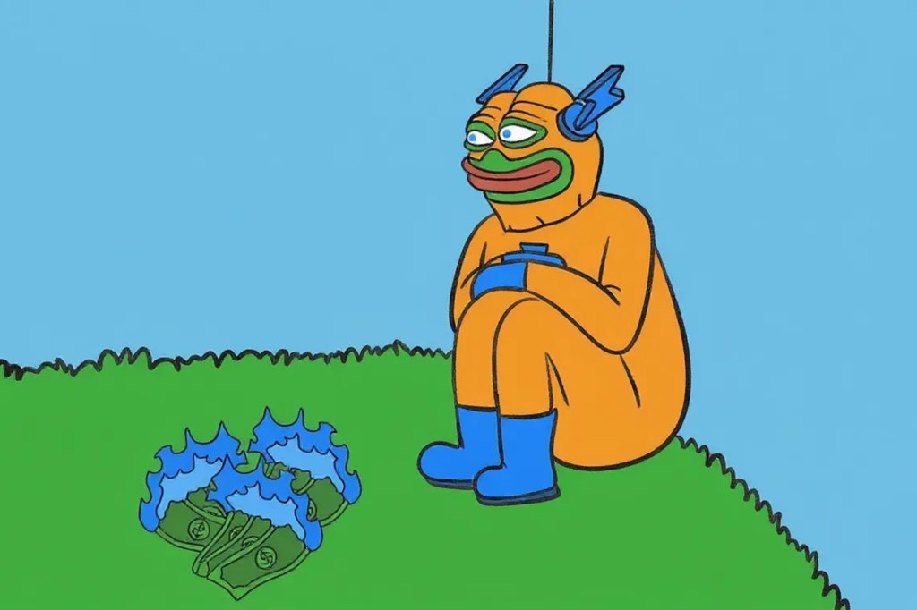 Illustration of a Pepe the Frog character in an orange suit, looking at blue flames on money bills on the grass.